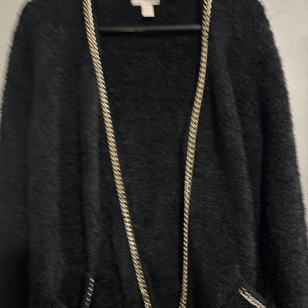 Forever 21 Woman's FuzzyCardigan Oversized Gold Chain Sweater Black Size Med - Picture 3 of 12
